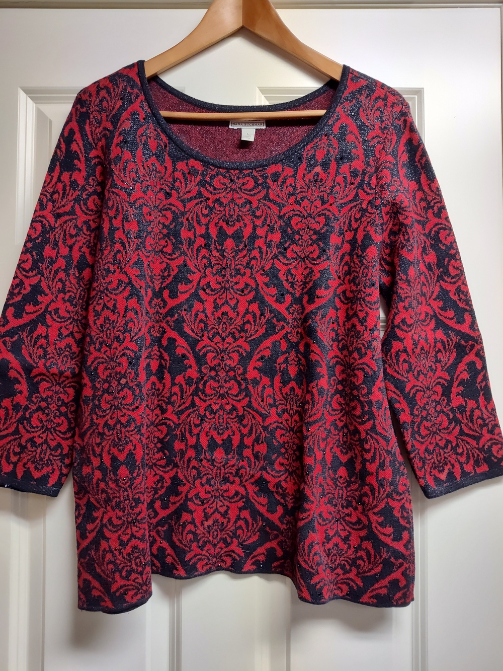Dana Buchman Red and Black Damask Scoop Neck Sweater